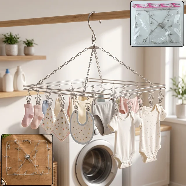 Stainless Steel Square Multi Clip Drying Hanger for Socks, Baby Clothes (1 Set)