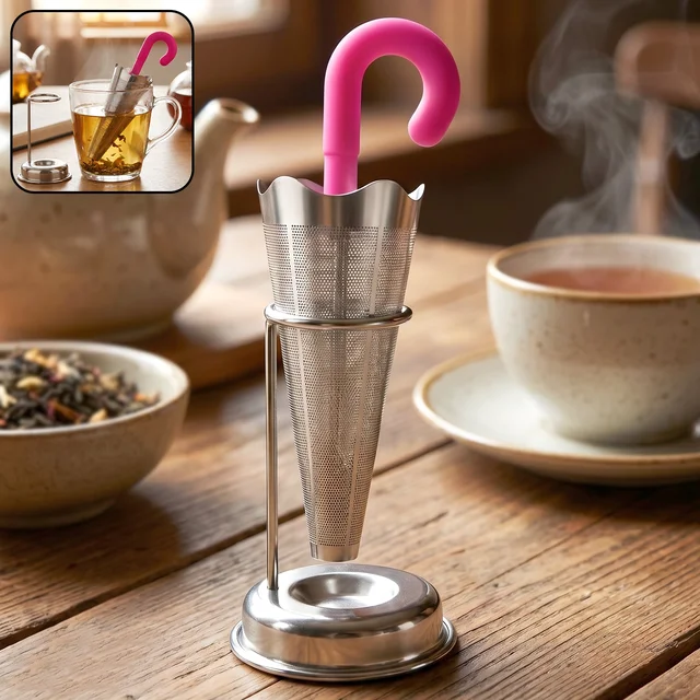 Stainless Steel Tea Strainer – Umbrella Design & Drip Tray | Siplix