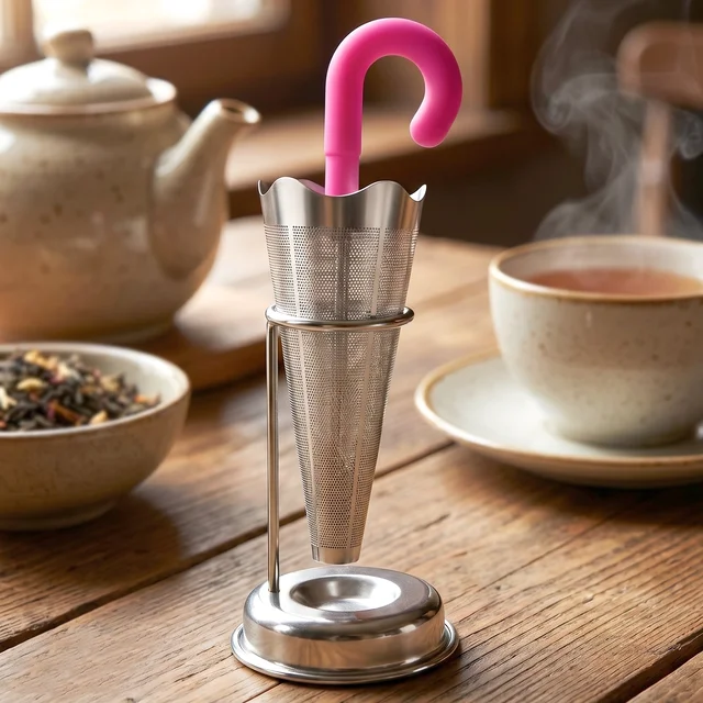 Stainless Steel Tea Strainer – Umbrella Design & Drip Tray | Siplix