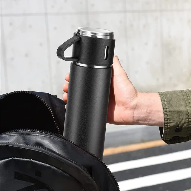 Stainless Steel Vacuum Flask Set with 3 Cups – 500ml | Biz Sip