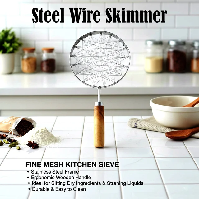 Stainless Steel Wire Skimmer – Heat-Resistant Wooden Handle