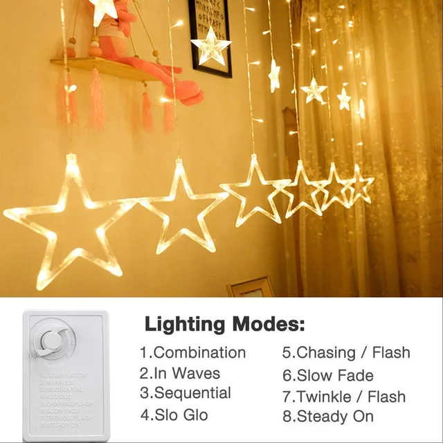 Star Curtain Lights – 12 LED Stars, 8 Flashing Modes | Indo Glow