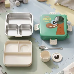steel Kids Dinosaur Lunch Box Bento Tiffin with Steel Tray Spoon Sauce Cup (1 Set)