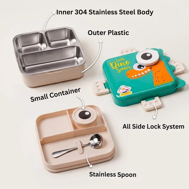 steel Kids Dinosaur Lunch Box Bento Tiffin with Steel Tray Spoon Sauce Cup (1 Set)
