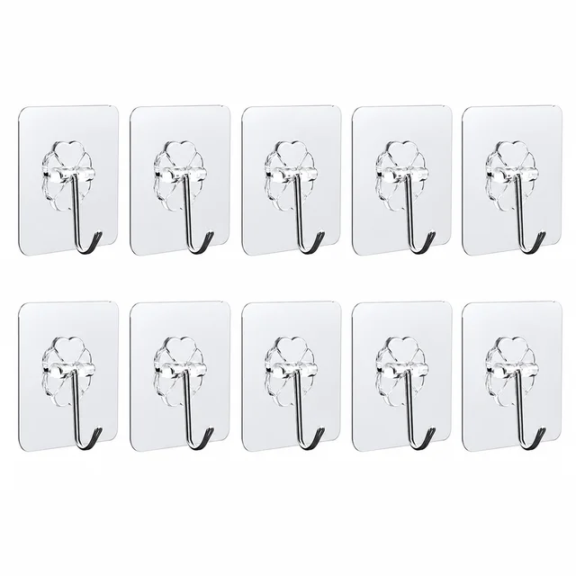 Strong Transparent Adhesive Wall Hooks – 10 Pc Set for Home & Kitchen