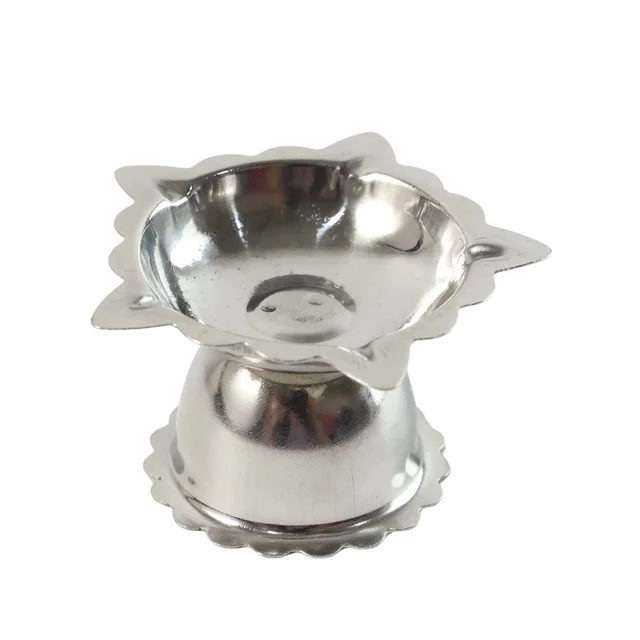 Sunflower Design Stainless Steel Diya Stand – Small Durable Pooja Lamp