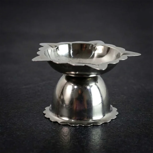 Sunflower Design Stainless Steel Diya Stand – Small Durable Pooja Lamp