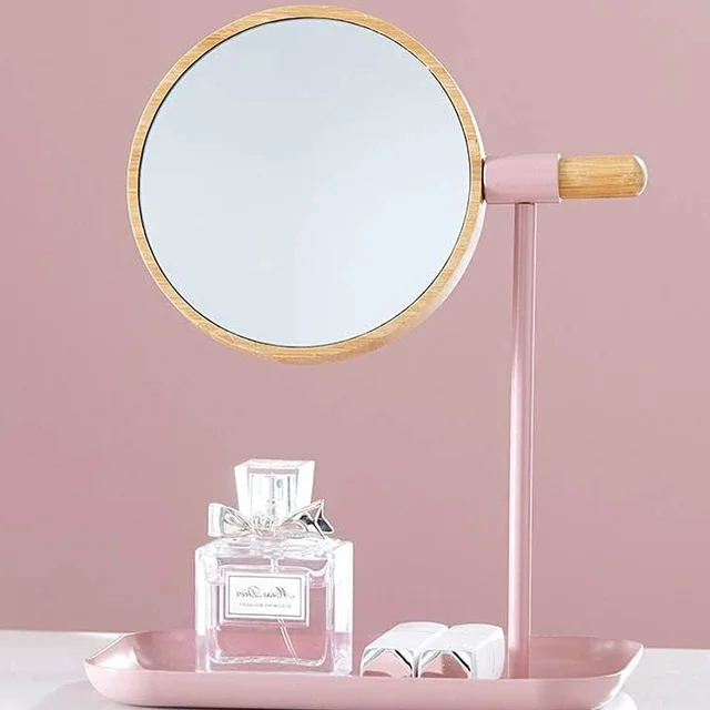 Tabletop Makeup Mirror – Modern Round Frame with Wooden Finish