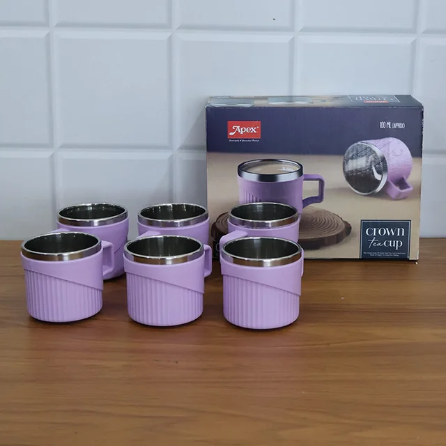 Tea Coffee Cup Set of 6 – Durable Metal Inner, Heat-Safe Sleeve
