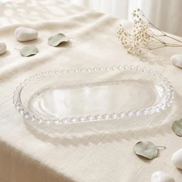 Transparent Glass Serving Tray 9 Inch Oval Beaded Edge Platter for Snacks (1 Pc)