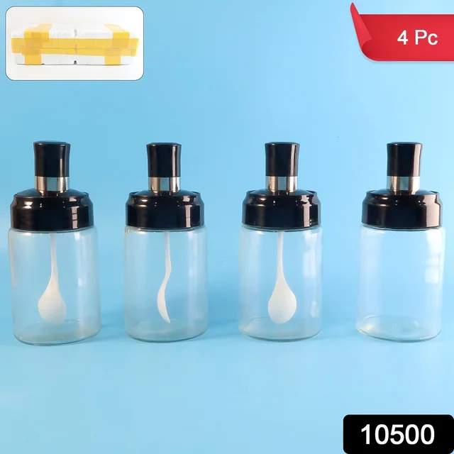 Transparent Spice Jar Set with Spoon – Airtight 4-Pc Container