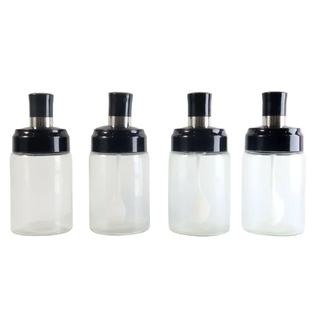 Transparent Spice Jar Set with Spoon – Airtight 4-Pc Container