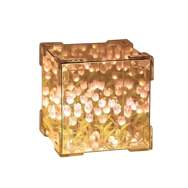 Tulip Flower LED Cube Night Lamp – Warm Ambient Decorative Light