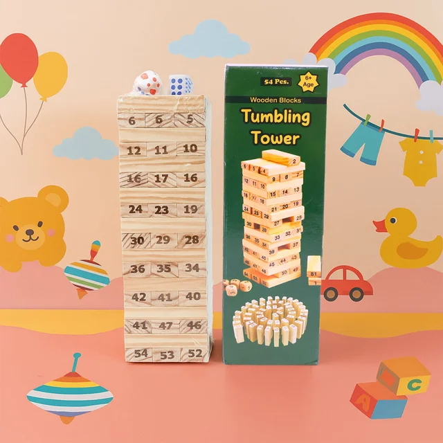 Tumbling Tower Wooden Blocks – 54-Piece Numbered Game Set