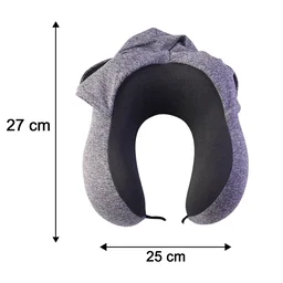 U Shaped Hooded Neck Pillow Grey Travel Pillow with Drawstring Hood (1 Pc)