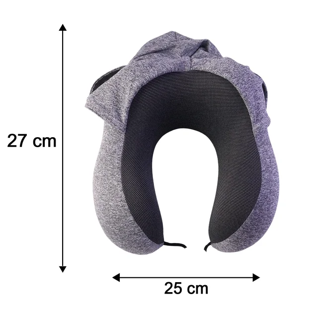 U Shaped Hooded Neck Pillow Grey Travel Pillow with Drawstring Hood (1 Pc)