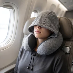 U Shaped Hooded Neck Pillow Grey Travel Pillow with Drawstring Hood (1 Pc)