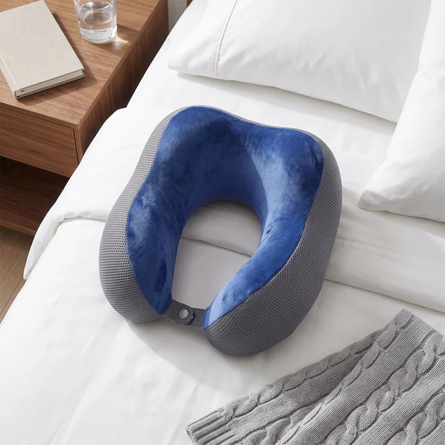 U Shaped Memory Foam Neck Pillow Blue Grey Travel Pillow with Snap (1 Pc)