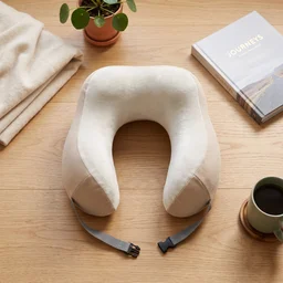 U Shaped Memory Foam Travel Neck Pillow Beige with Buckle Strap (1 Pc)