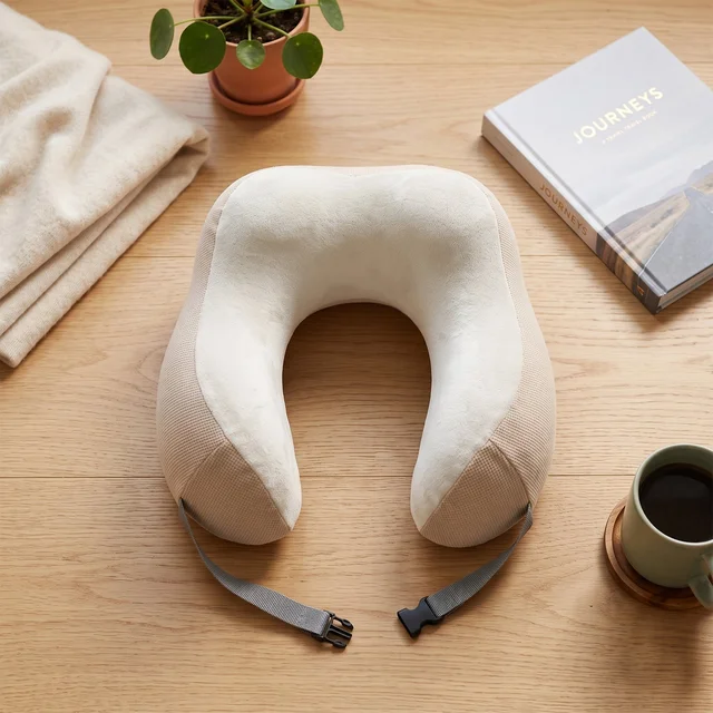 U Shaped Memory Foam Travel Neck Pillow Beige with Buckle Strap (1 Pc)