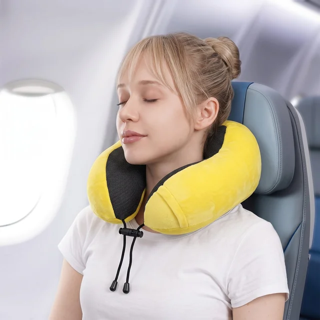 U Shaped Soft Neck Pillow Yellow Plush Travel Pillow with Drawstring (1 Pc)
