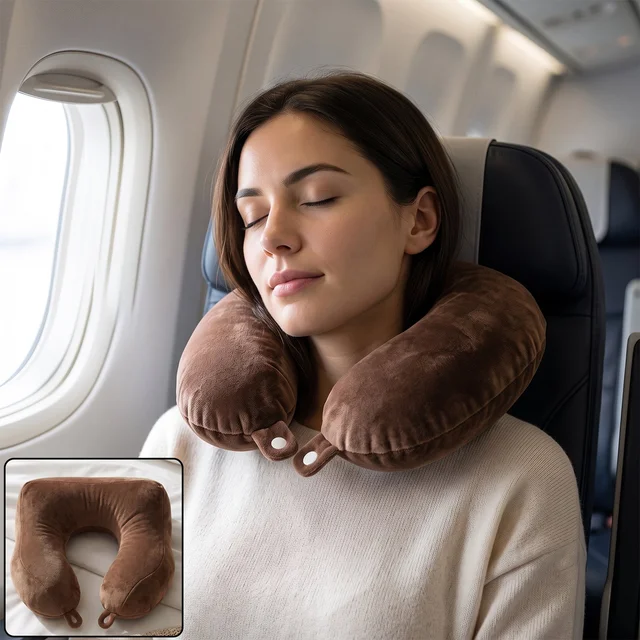 U Shaped Soft Travel Neck Pillow Brown Plush Head Neck Support (1 Pc)