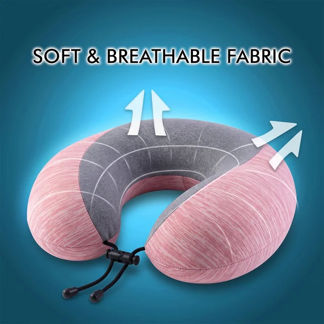 U Shaped Travel Neck Pillow Pink Grey with Drawstring Toggle (1 Pc)