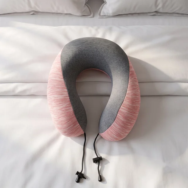 U Shaped Travel Neck Pillow Pink Grey with Drawstring Toggle (1 Pc)
