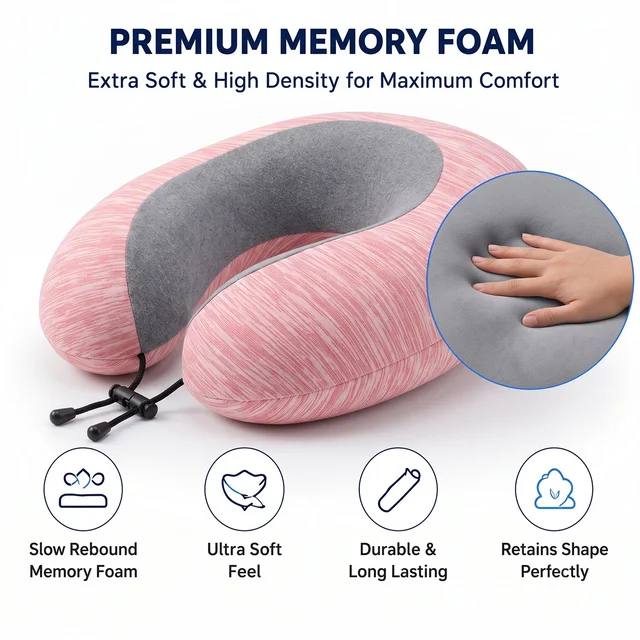 U Shaped Travel Neck Pillow Pink Grey with Drawstring Toggle (1 Pc)