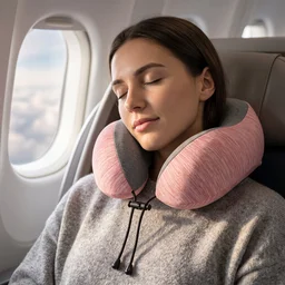 U Shaped Travel Neck Pillow Pink Grey with Drawstring Toggle (1 Pc)