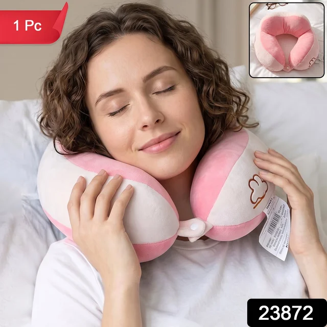 U Shaped Travel Neck Pillow Soft Plush Pink White Head Neck Support (1 Pc)