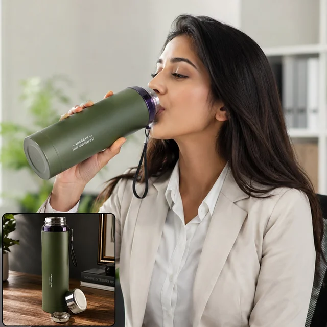Vacuum Insulated Water Bottle 1000ml, Steel Hot and Cold Flask with Cup Lid (1 Pc)
