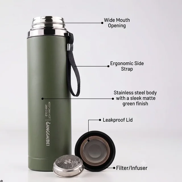 Vacuum Insulated Water Bottle 1000ml, Steel Hot and Cold Flask with Cup Lid (1 Pc)