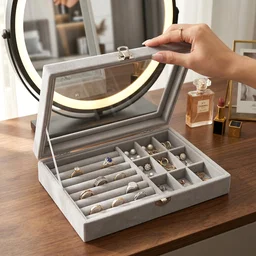 Velvet Jewellery Organizer Box – Transparent Lid & Multi-Compartment Storage