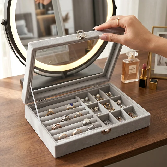 Velvet Jewellery Organizer Box – Transparent Lid & Multi-Compartment Storage