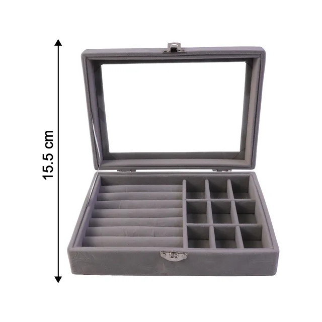 Velvet Jewellery Organizer Box – Transparent Lid & Multi-Compartment Storage