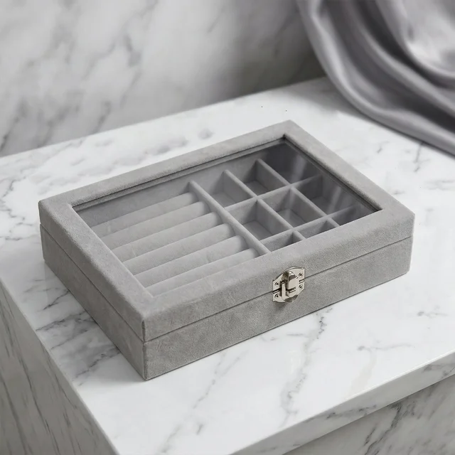 Velvet Jewellery Organizer Box – Transparent Lid & Multi-Compartment Storage