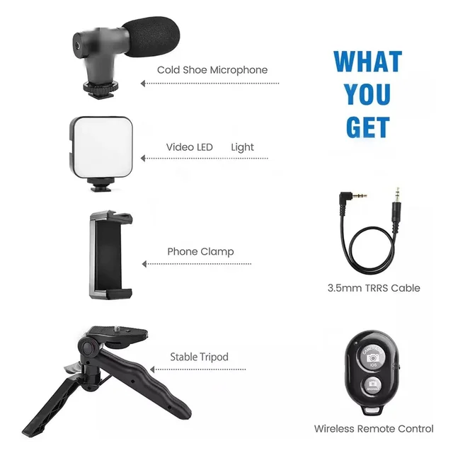 Vlogging Kit – Mini Tripod, Mic & LED Light for Video Making | Mobiléon