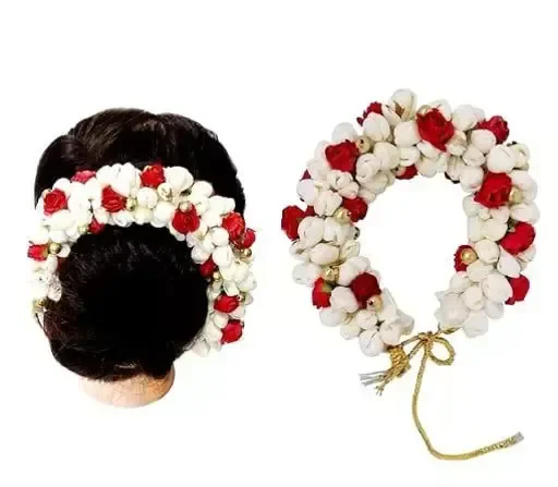 Handmade Artificial Flower Floral Gajra Veni Clips Pins Brooch Hair Band Accessory Accessories Set for Bun Juda Long Hair Decoration for Woman and Girls in Fashion for Wedding Marriage Function and Parties Mo