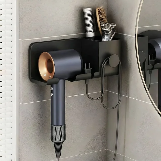 Wall Mounted Hair Dryer Holder – Space-Saving Organizer Shelf & Hook
