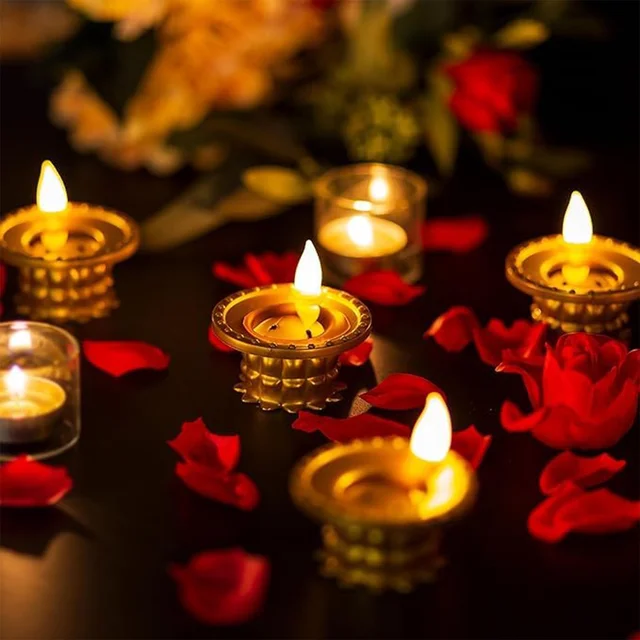Water Sensor LED Diyas Set – Flameless Golden for Festive Decor