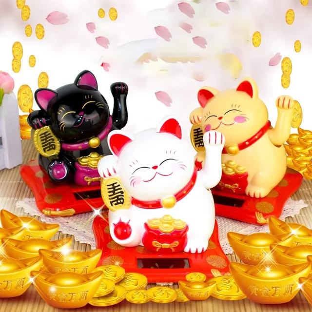 Waving Lucky Cat Statue – Solar Powered Wealth Decor | Styleva