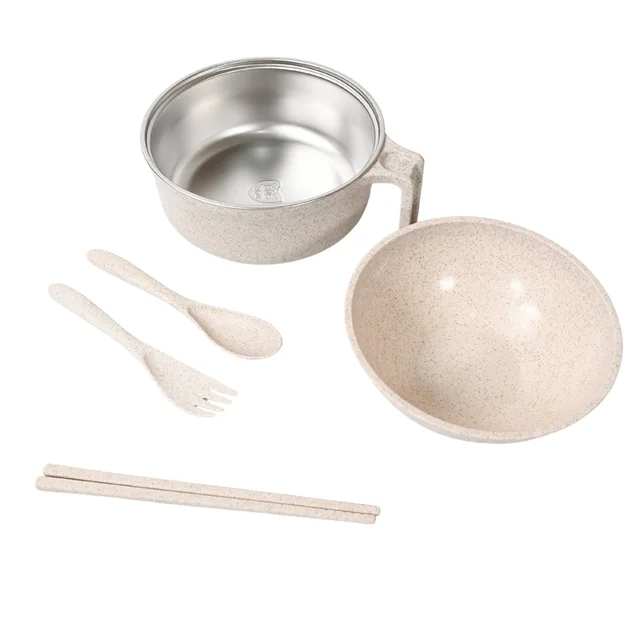 Wheat Straw Rice Bowl Set – 6 Pcs, Lid & Cutlery | Jiaqi