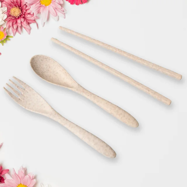 Wheat Straw Rice Bowl Set – 6 Pcs, Lid & Cutlery | Jiaqi