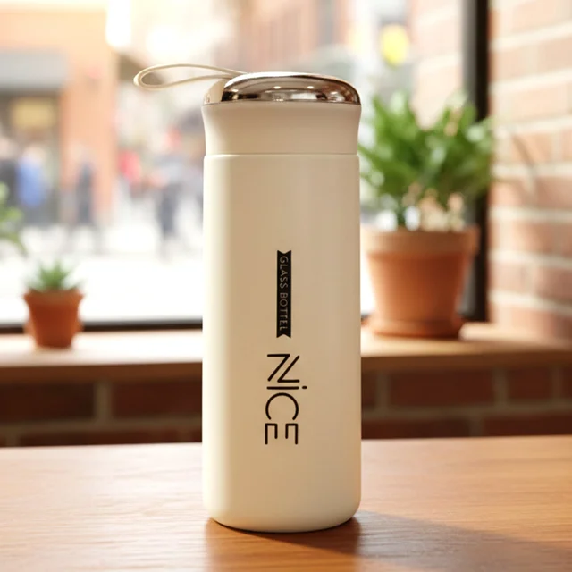 White Glass Water Bottle – Leakproof & Protective Cover 400 ML