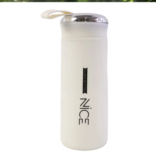 White Glass Water Bottle – Leakproof & Protective Cover 400 ML