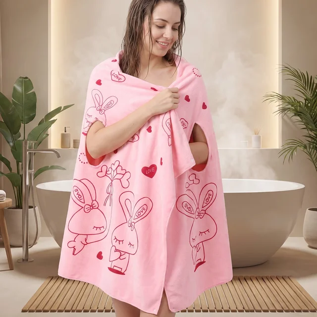 Women Wearable Bath Towel Cute Print Soft Quick Dry Bathroom Wrap (1 Pc)