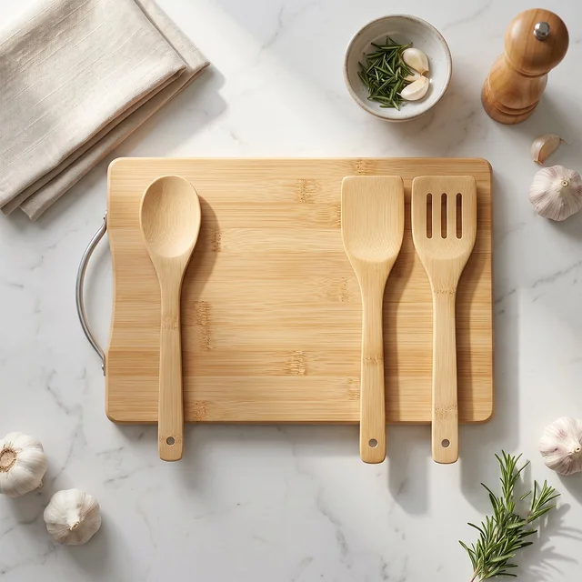 Wooden Cutting Board Combo Set with Bamboo Spoon Spatula and Turner (4 Pc Set)