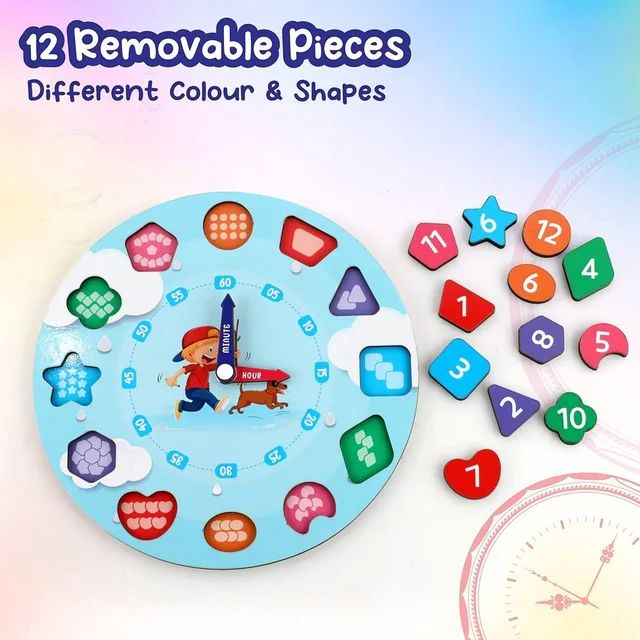 Wooden Educational Learning Clock Toy – Movable Hands & Shape Blocks