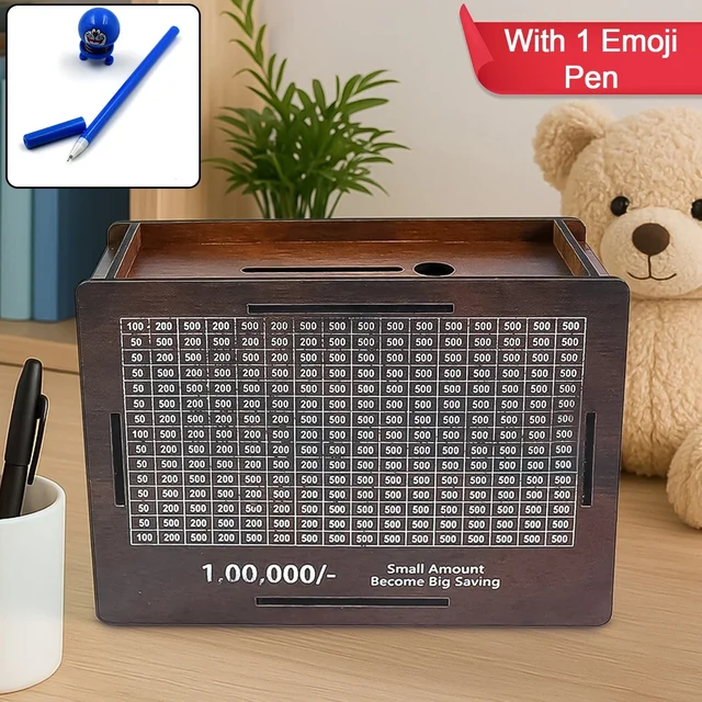 Wooden Piggy Bank – Fun Savings Challenge with Emoji Pan